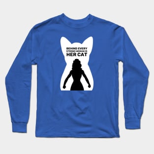 Behind Every Strong Woman is Her Cat | Royal Blue Long Sleeve T-Shirt